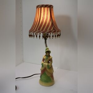 16" Vintage Lady Figurine Table Lamp with Striped Shade